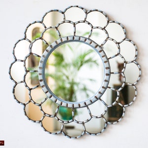 Peruvian Accent Round Mirror wall decor | Vanity wall mirror frame for living room, bathroom | Antique blue finish handpainted mirror frame