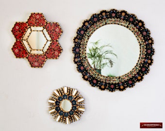 Round Accent Wall Mirrors Set 3 'Flowering Andes' from Peru, Collection Hand-painted glass wood mirror set for wall living room decorative