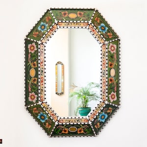Large Green Decorative Mirror, Silver Octogonal mirror for Wall Decor, Peruvian Accent Painted glass Mirror, Bathroom Mirror &quot;Andean Flower&quot;