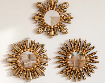 Gold Sunburst Mirror Set 3 - Small Wall Mirrors 6" - Handcarved Wood Starburst - Vintage Style Home Refresh Gallery Wall Art |Ships from USA