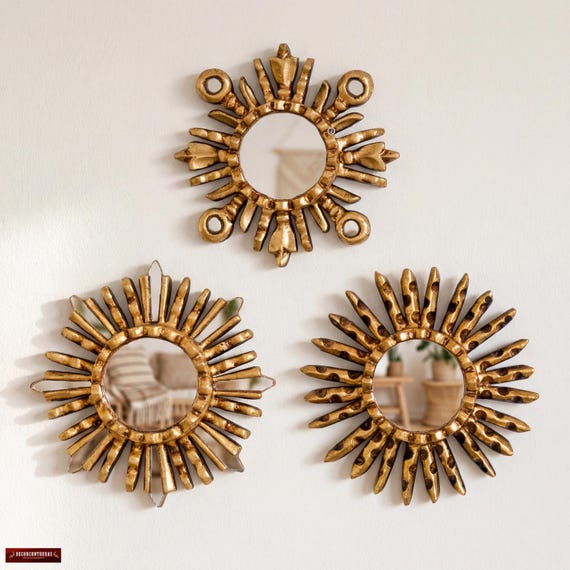 Gold Sunburst Mirror Set 3 - Small Wall Mirrors 6" - Handcarved Wood Starburst - Vintage Style Home Refresh Gallery Wall Art |Ships from USA