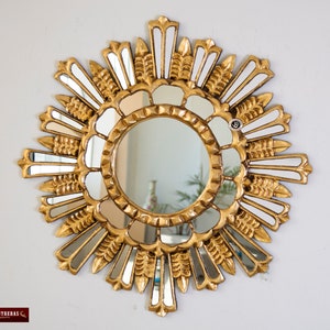 Decorative Round wall Mirror 23.6" wall decor- Bathroom Wall Mirror "Gold Peacock Feathers"- Sunburst frame Wood covered with Bronze leaf