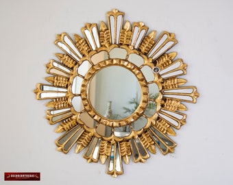 Decorative Round wall Mirror 23.6" wall decor- Bathroom Wall Mirror "Gold Peacock Feathers"- Sunburst frame Wood covered with Bronze leaf