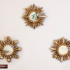 Small Gold Sunburst Mirror 6&quot;- Handcarved Wood Round mirror Wall decor set 3 &#39;Cuzco Sunburst&#39;, Starburst Bronze Leaf Accent Mirror from Peru
