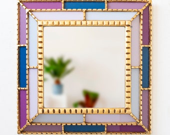 Multicolor Accent Square Mirror 18.1" for wall decor | Peruvian Handmade Wall Hanging Diamond Mirror for living room, bathroom, Entryway