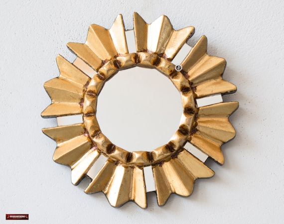 Gold Small Mirror 6" - Hand-Carved Peruvian Bronze Leaf Art for Gallery Wall - Unique Mothers Day Gift for Her | USA No Duties