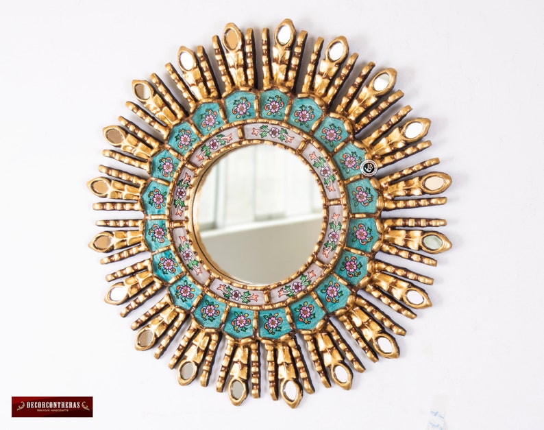 Turquoise Decorative Sunburst Mirror 17 7 From Peru Wood Glass Turquoise Decorative Sunburst Mirror 17