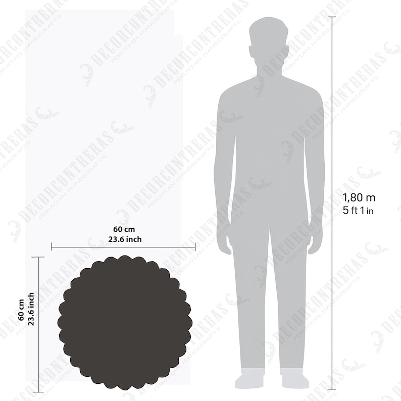 May include: A dark gray circular scalloped rug measuring 60 cm or 23.6 inches in diameter, shown next to a gray silhouette of a person standing 1.80 meters or 5 feet 1 inch tall to provide a clear visual scale reference for the product size.