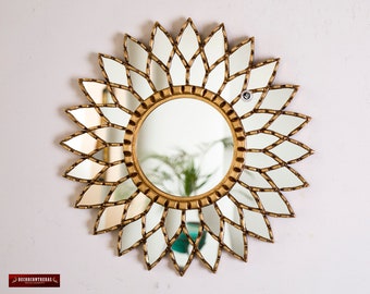 Gold Round Mandala Mirror 17.7" from Peru, Ornate Accent Wall Sunflower Mirror "Golden Mandala", Peruvian mirror for wall decorative