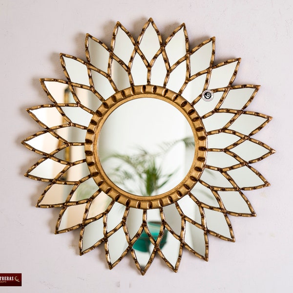 Gold Round Mandala Mirror 17.7" from Peru, Ornate Accent Wall Sunflower Mirror "Golden Mandala", Peruvian mirror for wall decorative