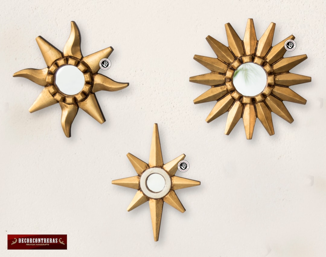 Small Gold Sunburst Mirror Set 3 golden Stars, Collectionaccent Round