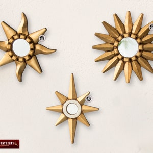 Small Gold Sunburst Mirror set 3 &quot;Golden Stars&quot;, CollectionAccent Round Sun Mirror for Wall, Peruvian Handcarved Wood Mirror wall decorative