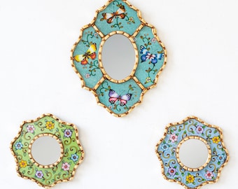 Peruvian Butterfly Mirror Set of 3 - Hand Painted Floral Glass Wall Decor - Gold Bronze Leaf Mirrors for Gallery Wall - USA/CA No Duties