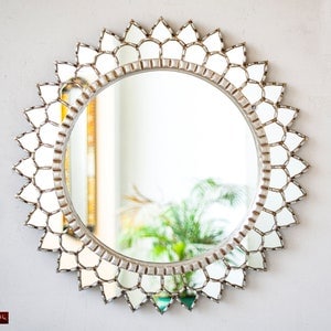 Decorative Round Large Mirror wall art home decor, Peruvian Accent Silver Hanging Mirror 27.6&quot; wall bathroom decor, living room, Entryway