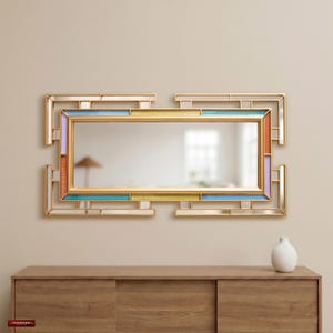 Espejo de pared estrecho dorado - Espejos largos y delgados de mosaico de vidrio para sala de estar, dormitorio, pasillo - Vidrio peruano pintado a mano / EE. UU./Canadá Sin aranceles