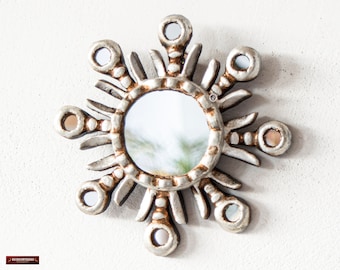 Small Silver Sunburst Mirror 6&quot; - Round Hand Carved Mirror For Wall Decor - Housewarming gifts or Holiday Gift - Ships from USA