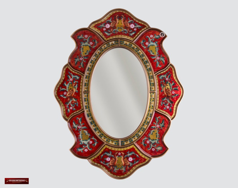 Red Decorative Oval Wall Mirror Bird On Peruvian Accent For Home 31 7 H Painted Glass With Antiqued Gold Wood Frame