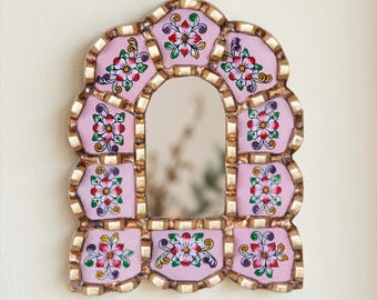 Handmade Mini Wall Mirror 6" - Vintage-Style Peruvian Hand-painted Glass Floral Arched Mirror - Cozy Home Decor Gift | USA No Duties