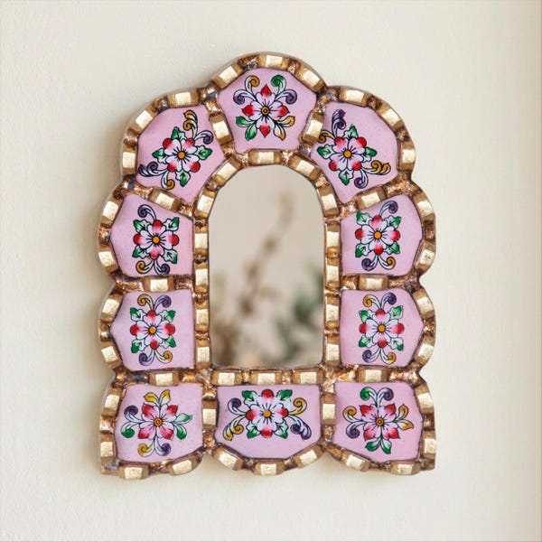 Handmade Mini Wall Mirror 6" - Vintage-Style Peruvian Hand-painted Glass Floral Arched Mirror - Cozy Home Decor Gift | USA No Duties