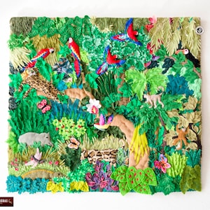 Wall Hanging Quilt 17.7x19.7&quot;- Arpillera quilt - Jungle Design - 3D peruvian textile artwork- Embroidered appliques of fabric- Peru textiles