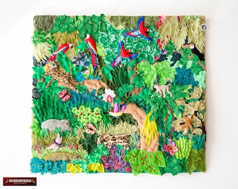 Wall Hanging Quilt 17.7x19.7&quot;- Arpillera quilt - Jungle Design - 3D peruvian textile artwork- Embroidered appliques of fabric- Peru textiles