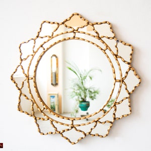 Peruvian Round Mirror for wall Holiday decor 17.7", Gold Leaf AccentWood Mirror wall art glass, Ornate Hanging Wall Mirror, "Gold Floral"