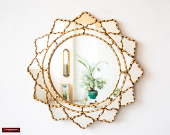 Peruvian Round Mirror for wall Holiday decor 17.7", Gold Leaf AccentWood Mirror wall art glass, Ornate Hanging Wall Mirror, "Gold Floral"
