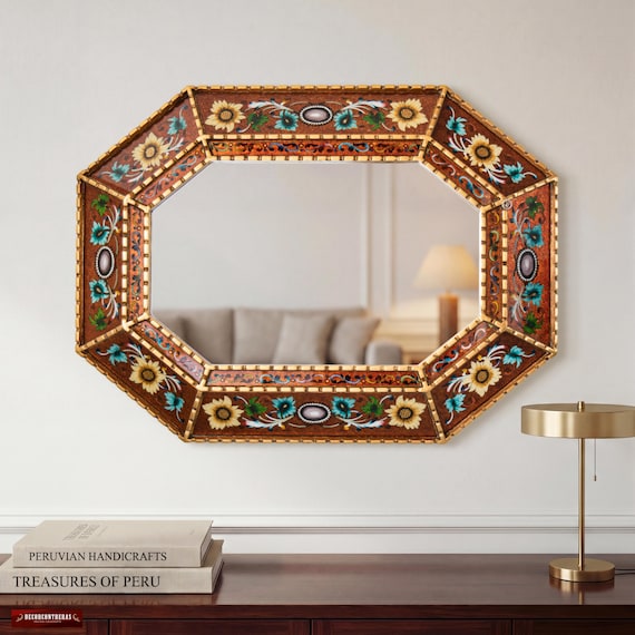 Large Gold Octagonal Convex Mirror 29"- Peruvian Hand Painted Glass Floral Wall Art Decor - Luxury Living Room Accent Piece | USA No Duties