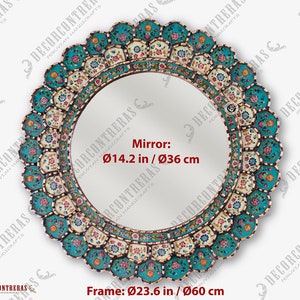Dimension diagram of this round gold framed mirror: 23.6 inches across the outer frame, 14.2 inches across the center mirror and 1.37 inches deep, with every measurement also marked in centimetres for buyers ordering from outside the United States, plus the net weight of 6.40 lb.