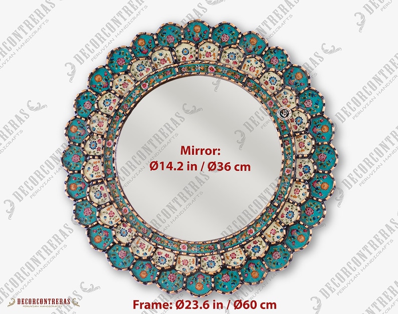 Dimension diagram of this round gold framed mirror: 23.6 inches across the outer frame, 14.2 inches across the center mirror and 1.37 inches deep, with every measurement also marked in centimetres for buyers ordering from outside the United States, plus the net weight of 6.40 lb.