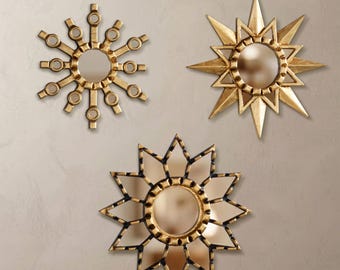 Juego de 3 espejos dorados con efecto sol - Decoración de pared de galería pequeña - Decoración de pared peruana de madera tallada a mano - Efecto estrella de hoja de bronce / EE. UU./Canadá Sin impuestos