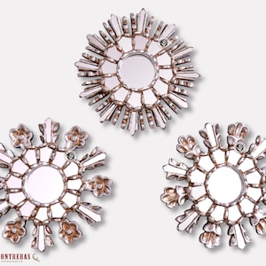 Small Silver Sunburst Mirror 7.8&quot;- Handmade Round mirror Wall set 3, &#39;Cusco Silver&#39;- Wooden Round Mirrors - Peruvian Mirror with silver leaf