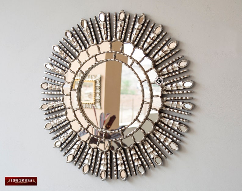 Peruvian Silver Sunburst Mirror 23.6, Hand carved Wood Decorative Round Mirror Silver Princess, Silver Leaf Accent Mirrors for wall decor image 2