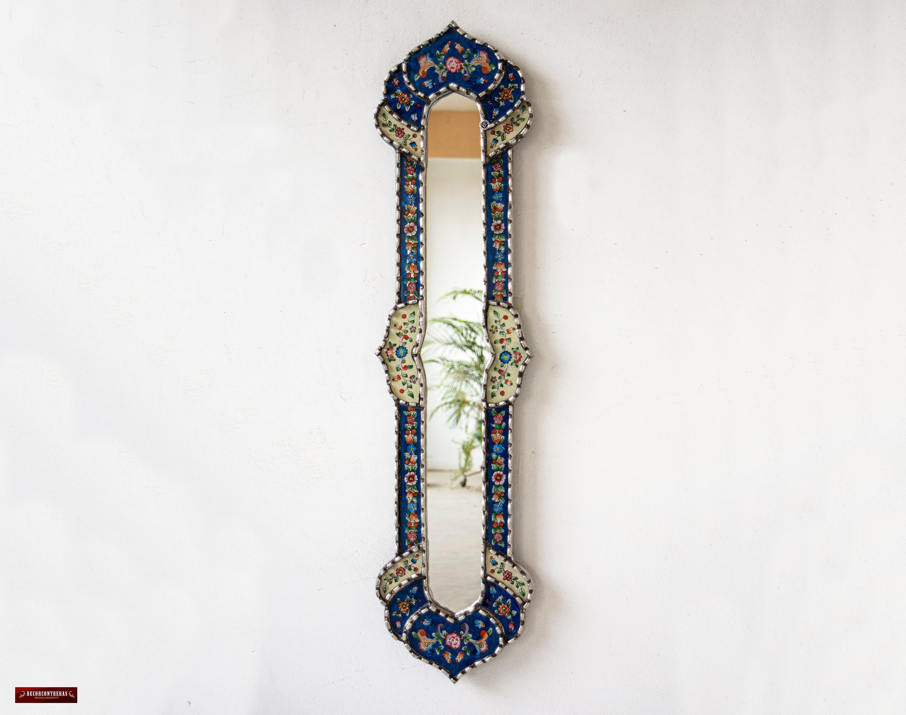 Blue Long Narrow wall mirror 35.4&quot;H | Painting on glass Long Mirror for home wall room decor, living room | Silver leaf wood framed Mirrors