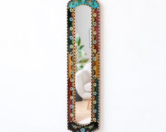 Long Narrow mirror wall art 35.8" tall, Decorative Long Mirror from Peru, painting on glass, Antique Gold  Wood Framed Wall Accent Mirrors