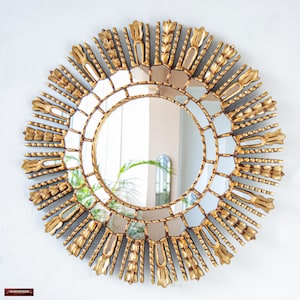Gold Sunburst Mirror - Round Wood Carved Mirrors 24"- Bronze Leaf Wall Decor - all Art for Entryway - Luxury Gift for Home -USA/CA No Duties