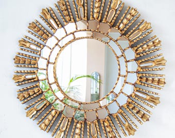 Gold Sunburst Mirror - Round Wood Carved Mirrors 24"- Bronze Leaf Wall Decor - all Art for Entryway - Luxury Gift for Home -USA/CA No Duties