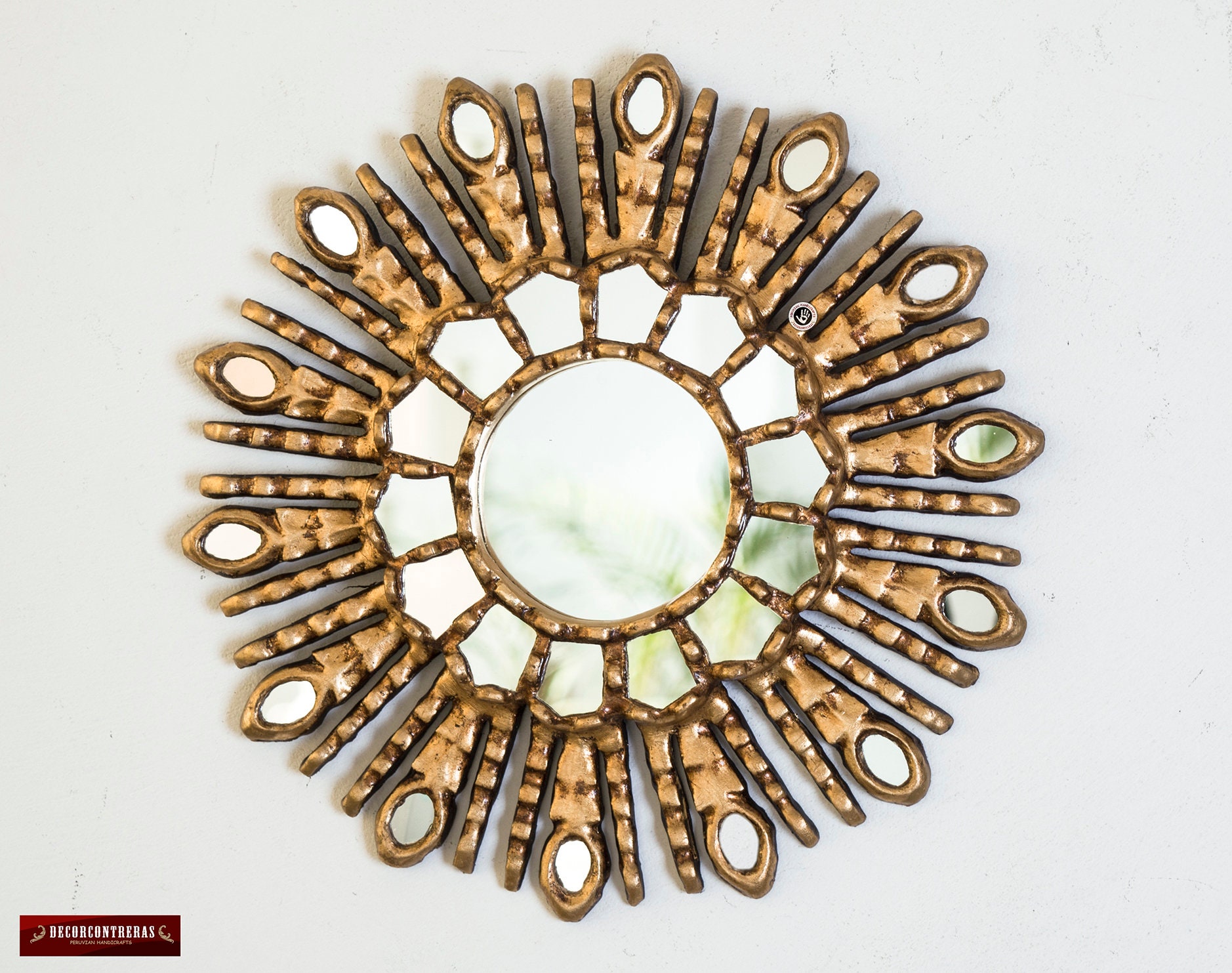 Small Decorative Round Mirror 11.8 Handcarved Wood Sun Mirror for