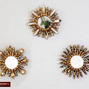 Gold Small Sunburst Mirror 6&quot;- Handcarved Wood Round mirror for Wall decor set 3 &#39;Cuzco Sun&#39;, Starburst Bronze Leaf Accent Mirror from Peru