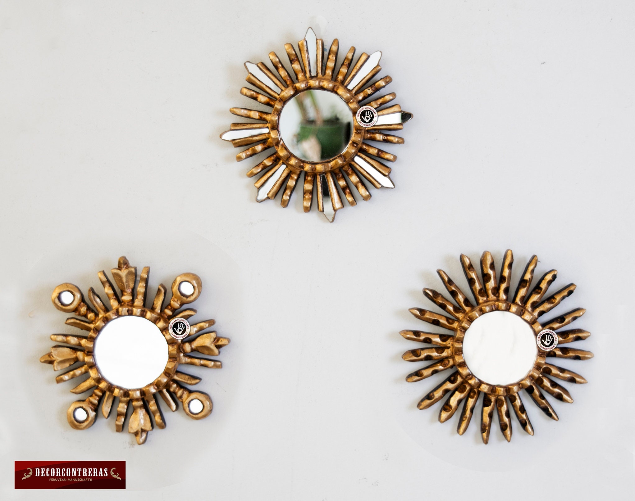 Gold Small Sunburst Mirror 6 Handcarved Wood Round Gold Small Sunburst Mirror 6 Handcarved, Sun Mirror Wall Decor Set