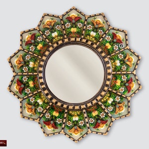 Peruaanse luxe ronde spiegel 23,6&quot;, wandhangende ronde spiegels, vintage accent ronde spiegel voor wanddecoratie, antieke gouden houten ingelijste spiegel