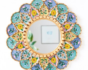 Peruvian Decorative Round Mirror 17.7" wall decor | Unique Gift For Yogis | Yoga studio | Multicolor Accent Mandala hanging Wall art Mirror