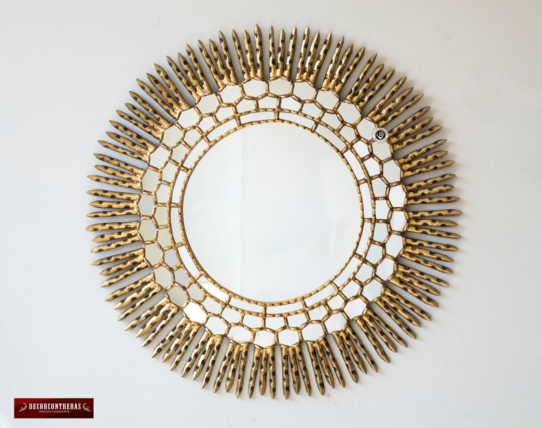 Gold Large Sunburst Mirror 31.5, Gold Leaf Handcarved Wood Round Mirror