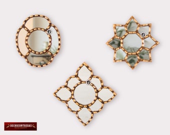 Small Gold Accent Wall Mirror set of 3 - Decorative Vintage mirrors of 6&quot; for wall, Peruvian Mirrors Vanity with gold leaf &#39;Cuzco Radiance&#39;