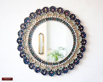 Blue Hanging mirror home wall decor | decorative mirrors for the home | Peruvian Handmade Round mirror on the wall | mirror office decor