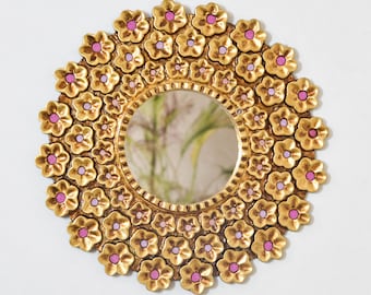 Peruvian Artisan Gold Round Wall Mirror – Decorative Floral Handmade Mirror 20" – Statement Boho Chic Wall Decor – Christmas Gift Idea