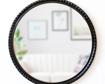 Peruaanse zwarte ronde muurhangspiegel voor badkamerinrichting | Donkerhouten spiegel voor wanddecoratie | Luxe ronde spiegel voor in de woonkamer