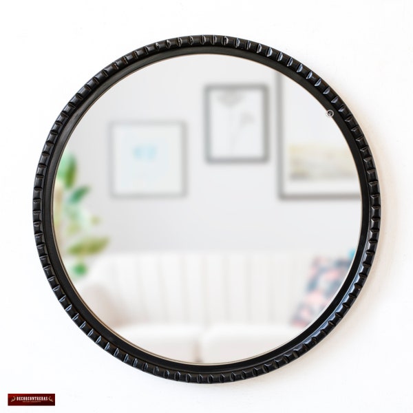 Peruvian Black Round Wall Hanging mirror for bathroom decor  | Dark wood mirror for wall decorative | Luxury Round mirror for living room