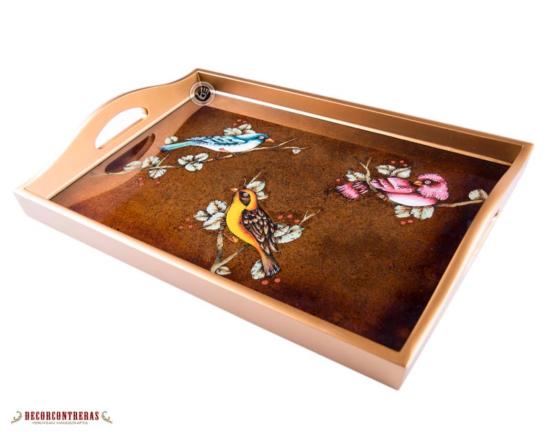 Glass Wood Serving Tray 'exotic Birds' Vanity Etsy