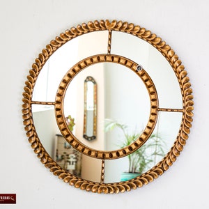 Gold wood frame mirror home wall decor | Wall hanging mirror mothers day gift decor | Ornate gold mirror on the wall art for bathroom decor